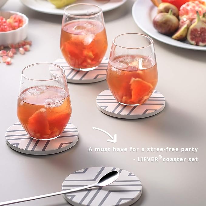 LIFVER 6 Piece Absorbent Stone Coaster Set with Holder, Ceramic Drink Coasters, 4 Inch Farmhouse Coasters with Cork Base, Ideal Gift for Housewarming