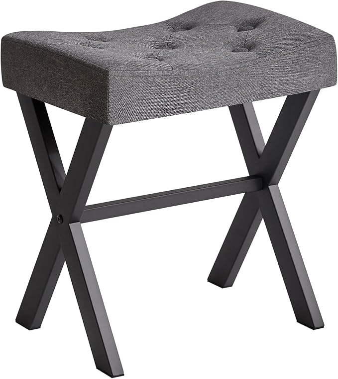 IBUYKE U-Shaped Linen Vanity Stool, Square Makeup Chair with X-Leg, Ottoman Seat Footrest Stool, Multi-Use as Small Side Table, for Bedroom, Living Room, Dark Gray WBD018G