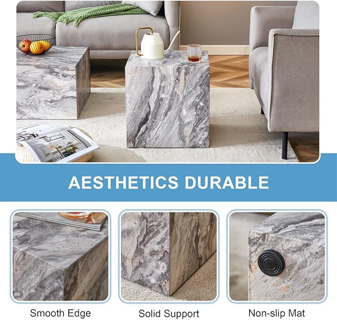 Coffee Table Set for 3, Living Room Table Set, Faux Marble Coffee Table and Side Tables for Home, Modern Wood Coffee Tables, Center Table and End Sides