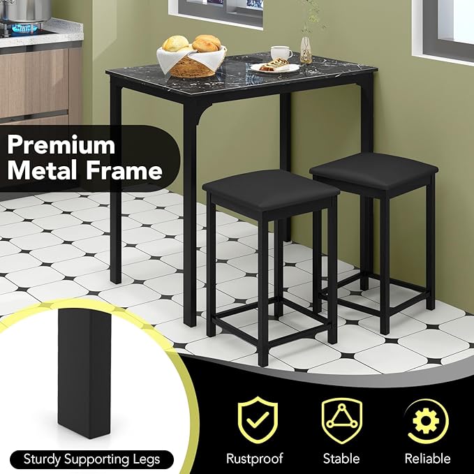 Giantex Dining Table Set for 2, Counter Height Bar Table with Faux Marble Pattern Tabletop, 2 Padded Bar Stools, Footrests, Metal Frame, Dinette Set for Kitchen Small Space Breakfast Nook Pub, Black