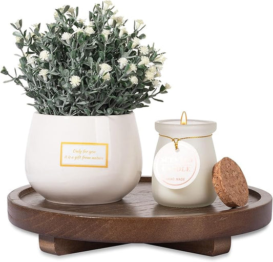 Round Decorative Tray Wood Bathroom Counter Organizer Farmhouse Kitchen Decor Wooden Riser for Soap Dish, Perfume, Candle, Sponge, 8" - Walnut