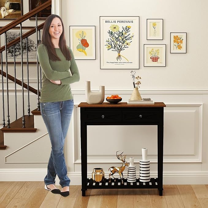 Console Table for Entryway with 2 Drawers, 30 Inch Long Entryway Table w/Open Storage Shelves and Handmade Metal Handle, Narrow Foyer Sofa Table for Living Room, Hallway, Black