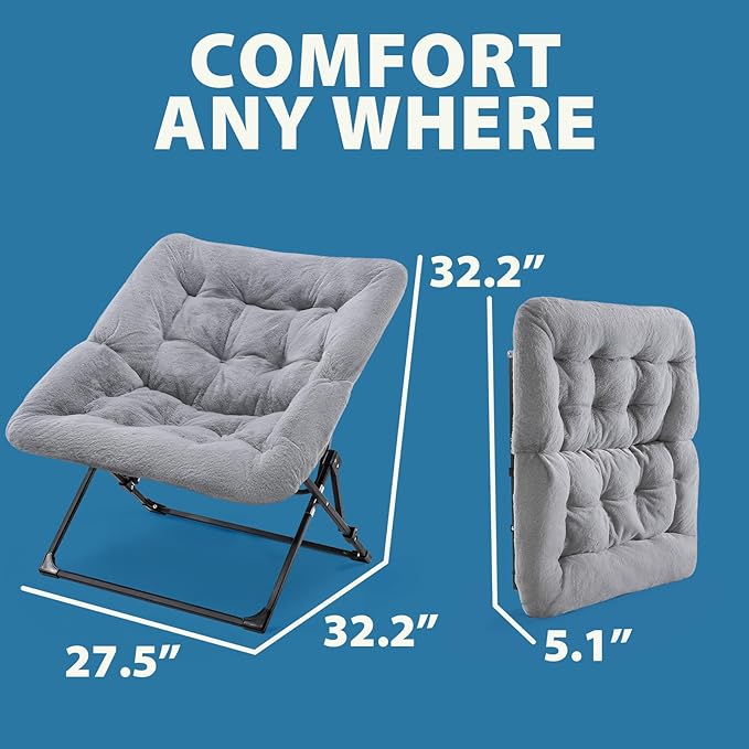 Oakham Comfy Chair for Adults, Soft Faux Fur Folding Lounge for Bedroom Living Room Dorm Rooms Flexible Reading Chair for Teens Kids, X-Large Foldable (Faux Fur-Grey)