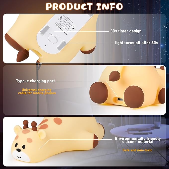 Cute Giraffe Night Light for Kids，3-Level Dimmable Nursery Nightlight, Silicone Squishy Light Up Gifts, Rechargeable Touch Control Nursery Bedside Light, Animal Decor Gift for Baby Toddler Room