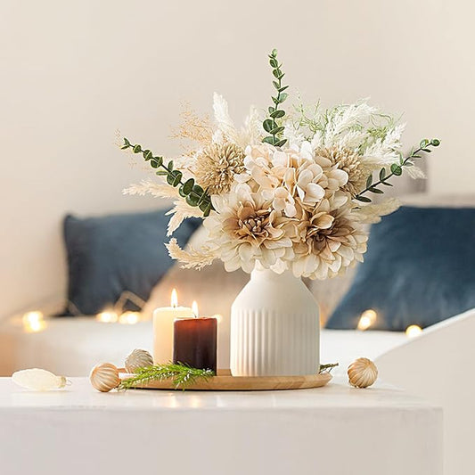 Mkono Small Artificial Flowers in Ceramic Vase Centerpieces Coffee Table Decor, Silk Flower Arrangements for Home Decor Indoor Fake Flower Bouquet for Bathroom Dining Room Kitchen (Brown, Medium)