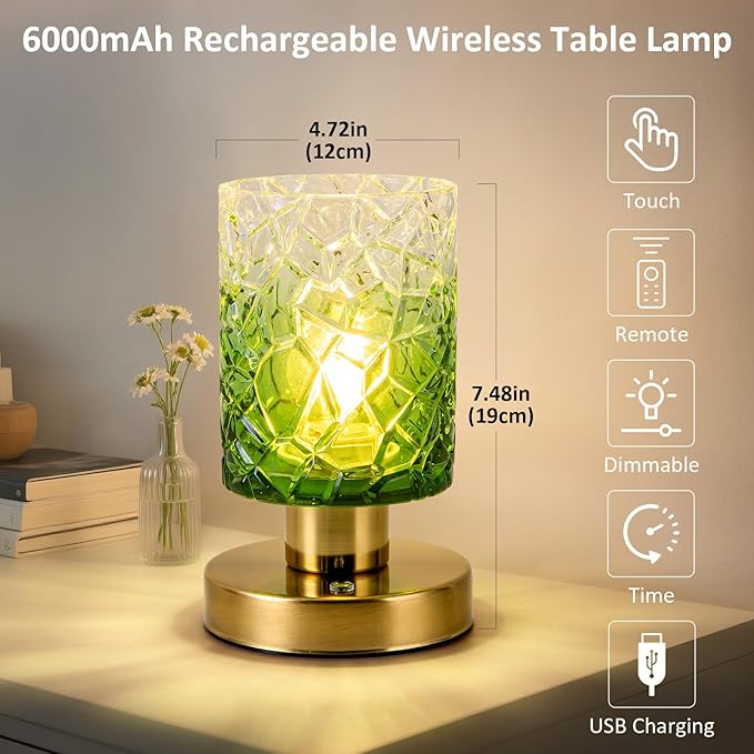 Modern Table Lamp with Remote Control, Cordless Dimmable Desk Lamp for Bedroom, Rechargeable Battery Operated, Touch Lamps for Night Stands Living Room, Bulb Included (Green Gradient)