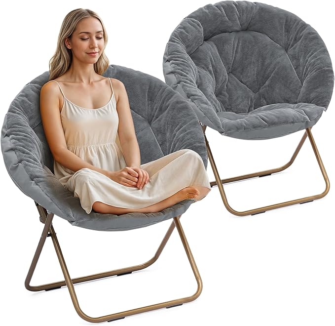 Athena Collection Comfy Saucer Chair Folding Cozy Chair for Bed Room Living Room Accent Chair Faux Fur Reading Chair Foldable Metal Frame Lazy Chair Moon Chair for Adult Set of 2, Grey
