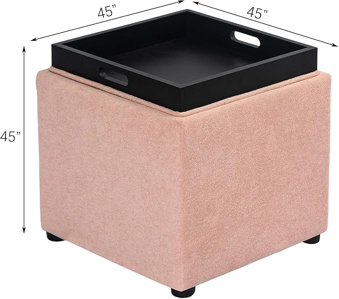 Adeco 17" Pink Storage Ottoman Cube with Tray Lid, Small Footstool with Storage, Square End Table for Living Room & Bedroom (Pink with Tray)