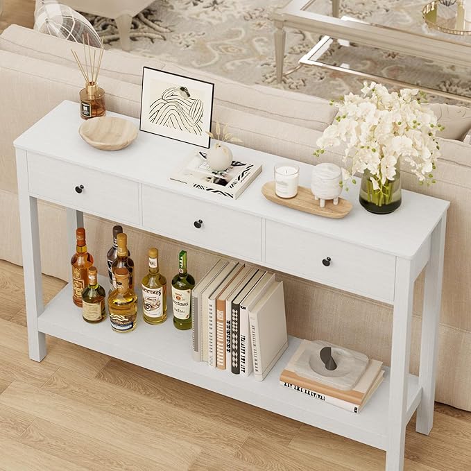 Gizoon Sofa Table with Drawers, Modern Accent Console Table with Open Shelf, Large Storage Space, for Living Room, Front Hall, Entrance Hall, Study Room, White