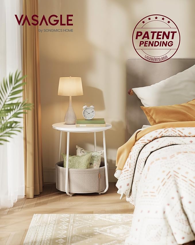 VASAGLE LILEA Collection - Small Round Side End Table, Modern Nightstand with Fabric Basket, Matte White and Camel Brown ULET223W10