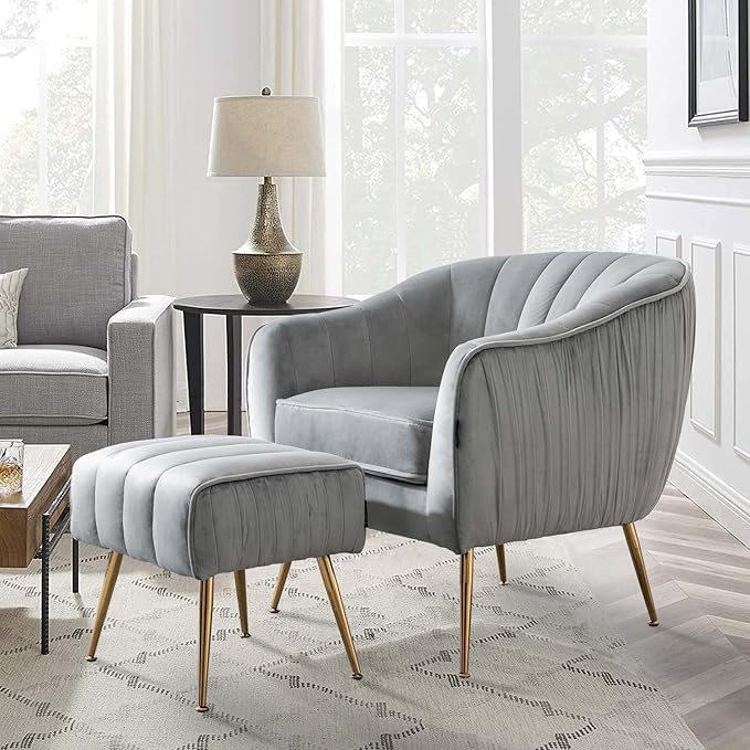 Velvet Accent Chair with Ottoman, Modern Arm Barrel Chair and Ottoman for Living Room Bedroom, Golden Finished, Grey