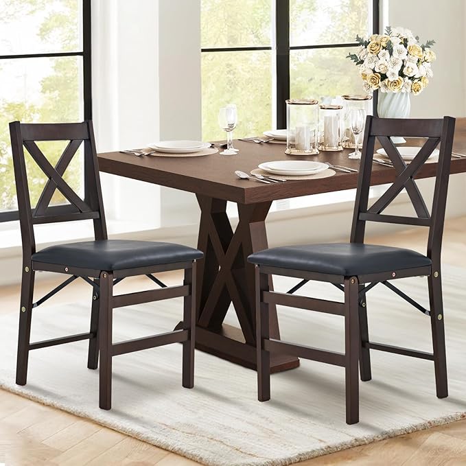 COLAMY Folding Dining Chairs Set of 4, Foldable Chairs with Padded Seats, Wood Folding Dining Room Chairs for Kitchen, Party, Camping, Dark Brown