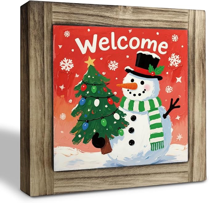 Christmas Wood Decor, Welcome Sign, Snowman Decors Art for Home Office, Christmas Tree Decoration, Home Front Door Porch Decors, Xmas Party Decor Ornaments, Farmhouse Wooden Box Sign