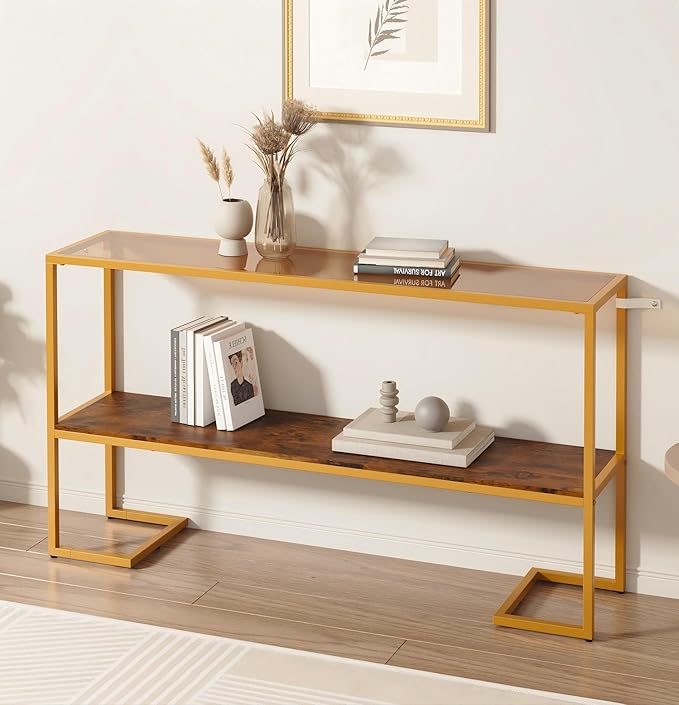 Console Sofa Table, 52" Modern Entryway Table, 2-Tier Open Shelf with Tempered Glass, Metal Frame Behind Couch Table with Gold Metal Frame for Living Room Hallway Entrance, Brown