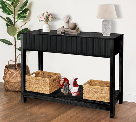 ZYBT Long Console Table with Storage, Fluted Entryway Table Slim Sofa Table Behind Couch, Foyer Entrance Table Black