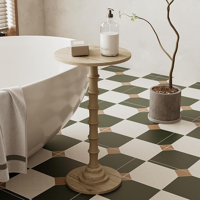 Round Side Table, Modern Drink Table for Small Spaces, Small End Table with Solid Wood Leg for Living Room, Bedroom, Corners, and Office (Grey Oak)