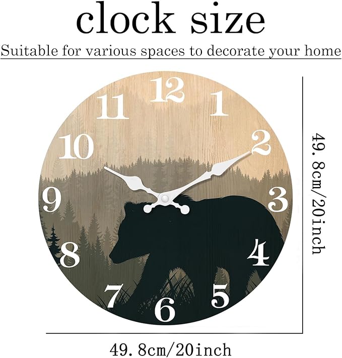 XFM Cabin Bear Wall Clock 20 Inch Silent Wooden Wall Clocks Battery Operated Rustic Farmhouse Wildlife Clock for Lodge Living Room Kitchen Office