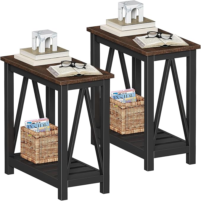 ChooChoo Farmhouse End Table, Rustic Vintage Narrow End Side Table with Storage Shelf for Small Spaces, Nightstand Sofa Table for Living Room, Bedroom Black 2 Pack