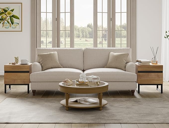 WAMPAT 2 Pack Modern End Table with 2 Drawers, Farmhouse Sofa Table with Black Square Iron Leg, Wood Rustic Side End Table for Living Room, Nighstand for Bedroom, Oak