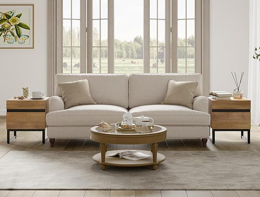 WAMPAT 2 Piece Modern End Table with 2 Drawers, Farmhouse Sofa Table, Wooden Rustic Side Sofa Table Metal Leg for Living Room, Nighstand for Bedroom, Oak