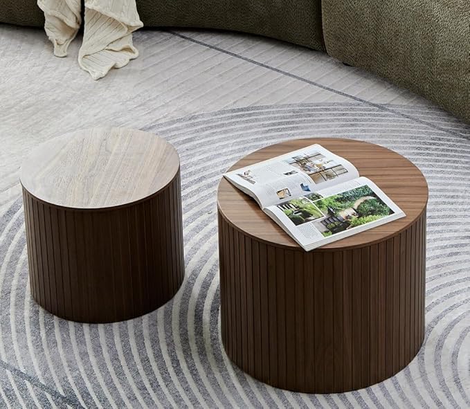 Round Coffee Table Set of 2 for Living Room, Wood Small Nesting Tables with Storage, Circle Side Table, Modern Accent End Table with Moveable Lid for Bedroom,Walnut