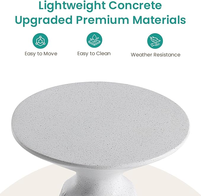 SUNBURY Outdoor Side Table, Round Concrete Side Table, Mushroom End Table for Plant Stand, Modern Accent Table, Marble Garden Stool for Patio, Poolside, Spotted White