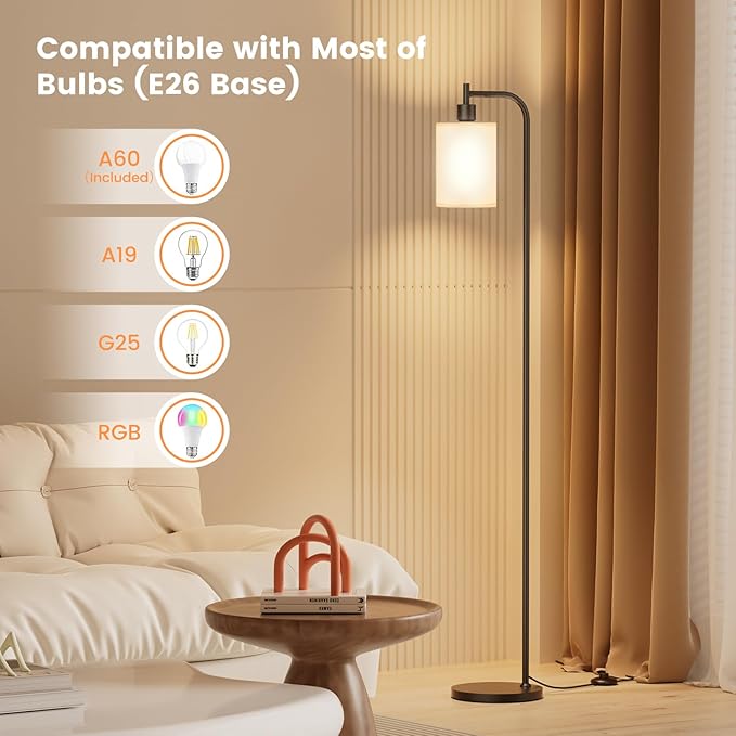 Floor Lamp with Linen Shade, Dimmable Tall Standing Lamp with Remote Control & 3 Color Temperatures, Modern Floor Lamps for Living Room Bedroom Office Corner, 9W LED Bulb Included