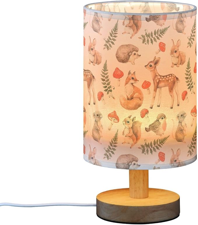 Table Lamp Forest Animal Squirrel Fox Deer Hare Hedgehog Mouse Bird Mushroom Nightstand Lamp with Wood Base Fabric Lamp Shade Bedside Desk Lamp for Living Room Bedroom Kids Room Office