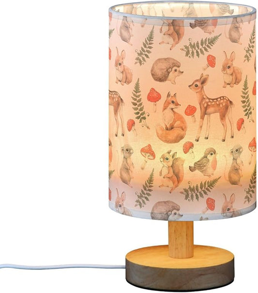 Table Lamp Forest Animal Squirrel Fox Deer Hare Hedgehog Mouse Bird Mushroom Nightstand Lamp with Wood Base Fabric Lamp Shade Bedside Desk Lamp for Living Room Bedroom Kids Room Office