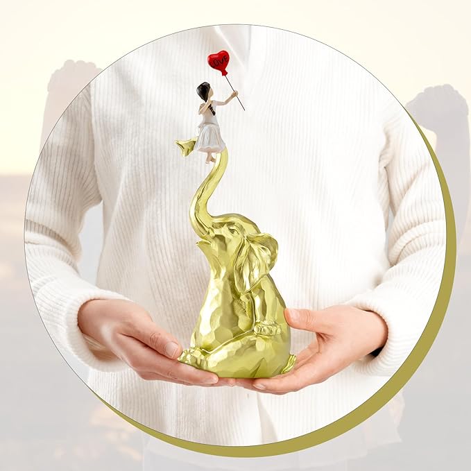 Elephant Statue Home Decor - Handmade Resin Sculpture Girl with Love Balloon Sitting on Elephant Figurines, Gifts for Women Girl Birthday Gold