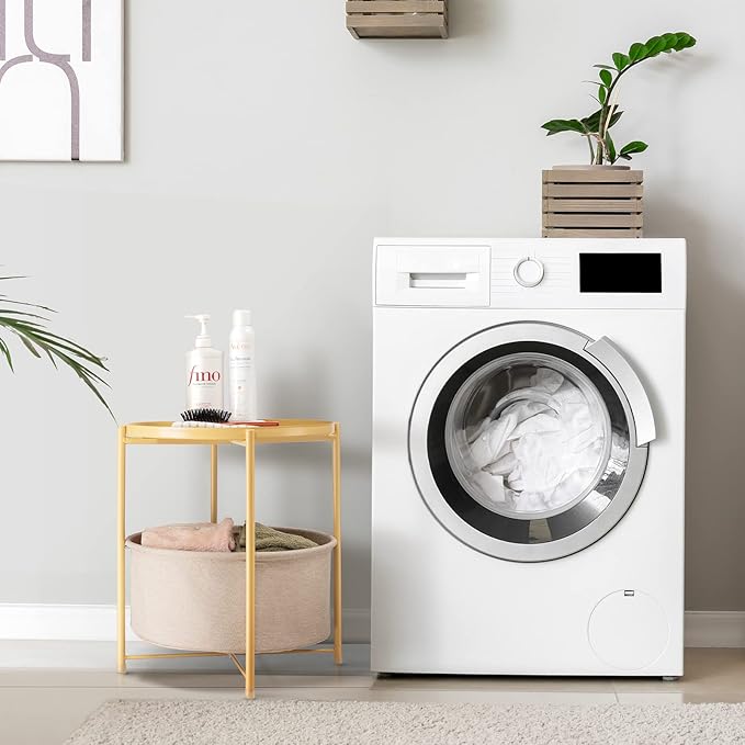 danpinera Round Side Table with Fabric Storage Basket, Metal Side Table Small Bedside Nightstand with Removable Tray Top for Living Room, Bedroom, Nursery, Laundry, Pale Yellow