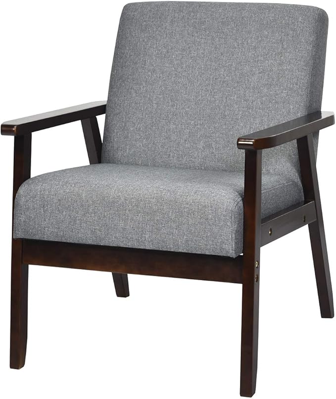 Giantex Mid-Century Modern Accent Chair, Retro Fabric Armchair, Solid Hardwood Made, Upholstered Linen Lounge Arm Chair for Living Room (1, Dark Grey)