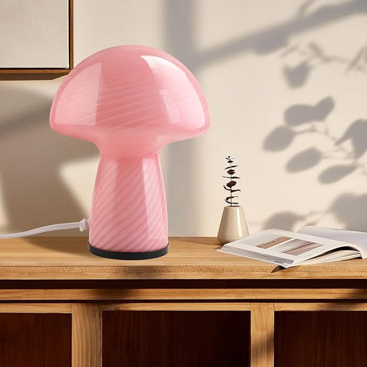 Dimmable Mushroom lamp,Pink Glass Mushroom Bedside Table Lamp Translucent Vintage Style Small Nightstand Desklamp for Home Decor, Dining, Living, Bedroom, Gift (Striped Pink)