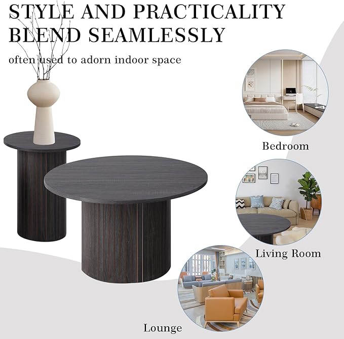 Small Round Coffee Table Set of 2, Wood Finish Nesting Coffee Tables, Boho Circle Side Table for Living Room (φ27.6 Large Short + φ15.8 Small Tall)