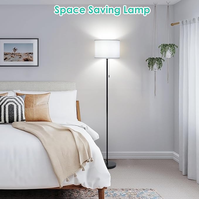 FOLKSMATE Floor Lamp for Living Room, Modern LED Simple Standing Lamps, Minimalist Tall Lamp for Bedroom, Living Room, Office, Kids Room, Reading Light, Black Pole Lamp with White Shade, Without Bulb