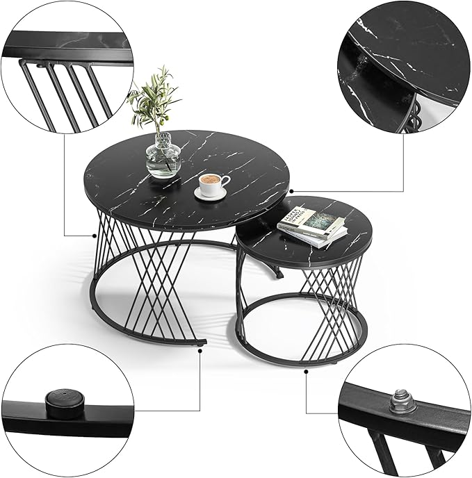 Giluta Black Round Coffee Table Set of 2, Modern Coffee Tables for Living Room, Faux Marble Center Table, Nesting Coffee Table