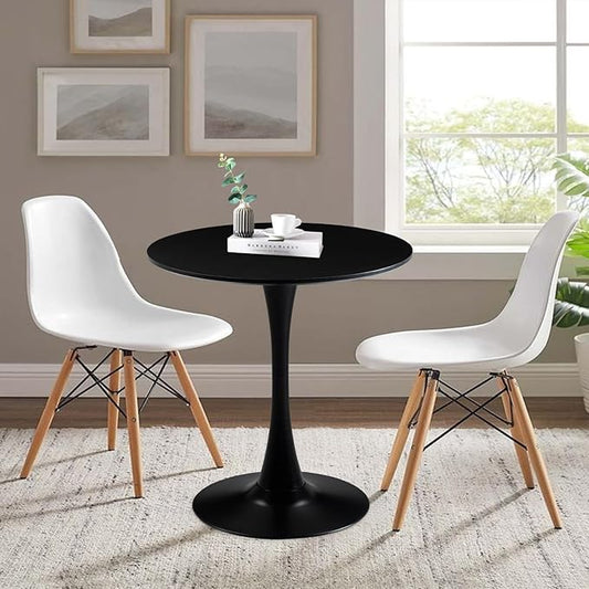 27.5" Small Round Dining Table, Modern Tulip Style Table for 1-2 People, Space-Saving Table for Dining Room, Kitchen, or Cafe, Black Pedestal Base