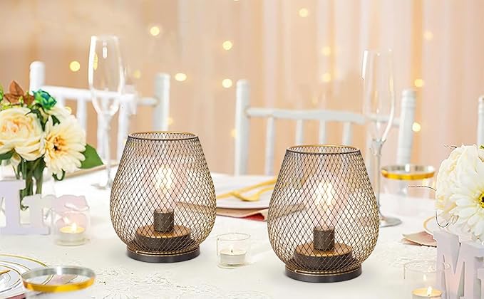 DECORKEY Set of 2 Battery Operated Lamp LED Table Lantern, Golden Metal Cage Cordless Lamps with LED Bulb，Vintage Decorative Outdoor Lantern for Weddings, Parties, Patio, Events for Indoor Shelf Decor