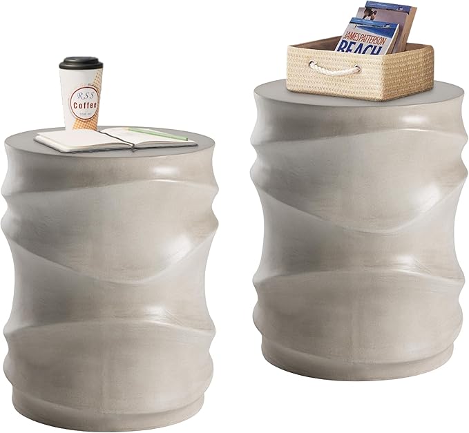 HOMPUS Outdoor Side Table Set of 2, Modern Vintage Garden Side Table, Round Concrete Accent Table for Indoor Outdoor Use, Grey