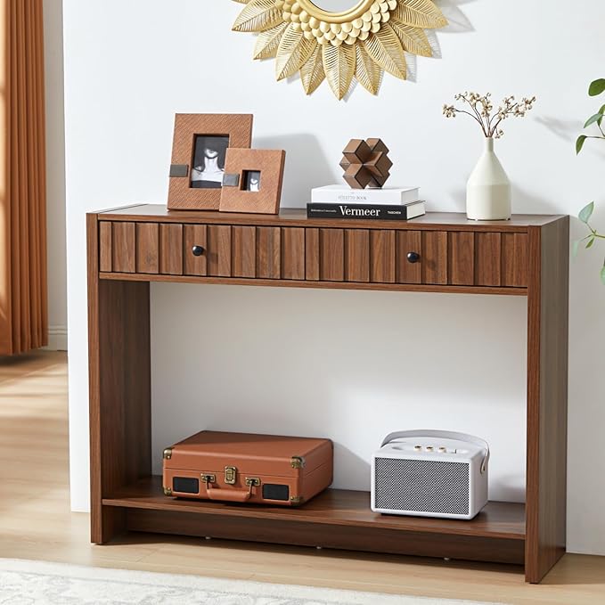 AVZEAR Entryway Console Table with Fluted Drawers, Mid Century Entryway Table with Storage, 43" Long Couch Table Behind Sofa Narrow Sofa Table Console Tables for Living Room Hallway Entrance, Walnut