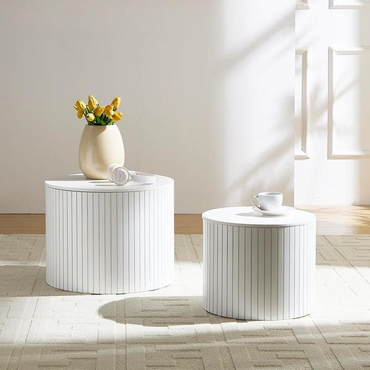 kevinplus White Coffee Table Nesting Tables Set of 2 for Living Room, Modern Circle Drum Small Coffee Table with Storage Contemporary Side Table End Table with Moveable Lid, White