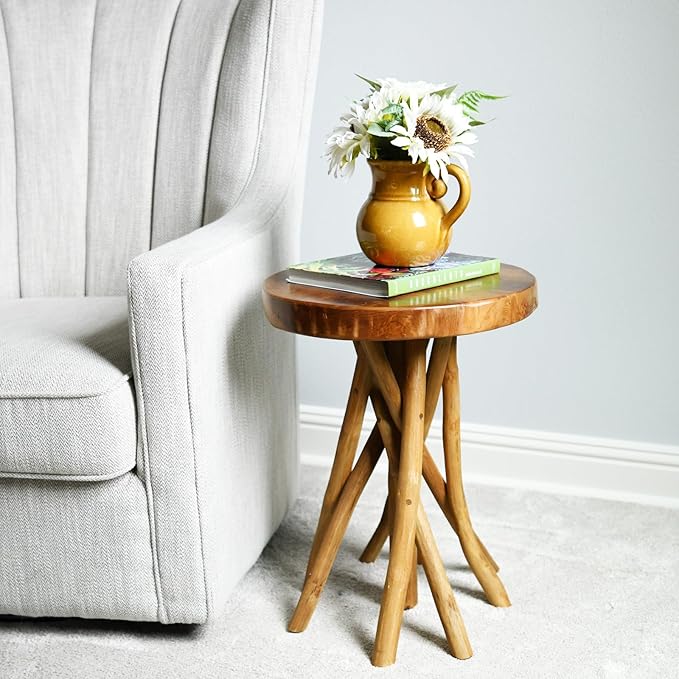 WELLAND Teak Wood Stick Leg End Table, 16" L x 16" W x 20" H Rustic Side Table, Small Accent Table, Plant Stand for Living Room, Bedroom, Home Office