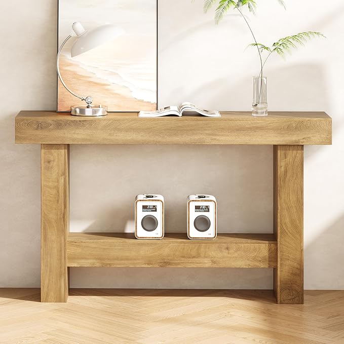 Farmhouse Console Table, 55'' Entryway Tables with Storage, 2-Tier Wooden Modern Console Tables Rectangular Sofa Table for Living Room, Entrance, Hallway (Grayish Brown)