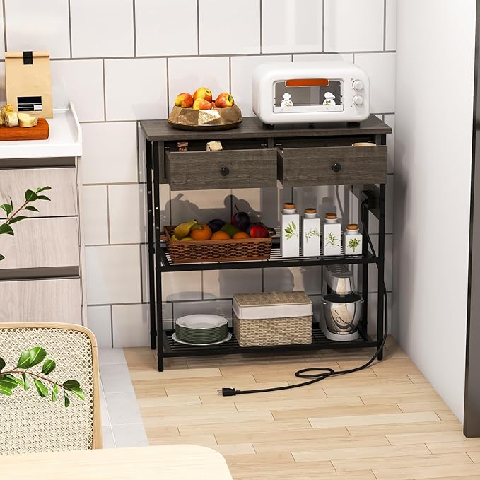 GOFLAME Console Table with Power Outlet, Narrow Entry Table with Drawers, 2 AC Outlets & 2 USB Ports, Sofa Table for Living Room Behind Couch, Living Room, Foyer, Grey Oak