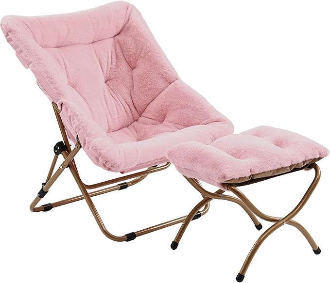 Comfy Folded Chair with Ottoman, Oversized Folding Faux Fur Chair Soft Furry Lounge Lazy Chair with Metal Frame Moon Chair Accent Chair for Bedroom, Living Room, Dorm Rooms