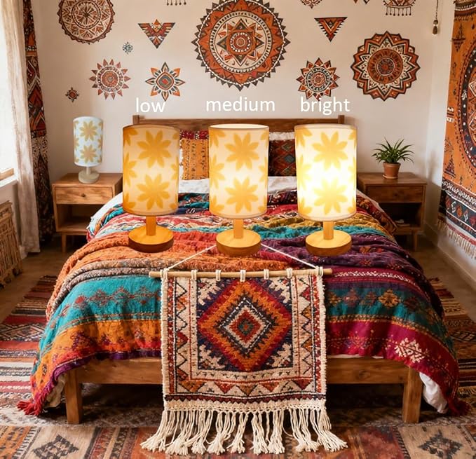 9.8" Flower-Patterned Small Table Lamp | Inline Control & 3 Brightness Levels | Yellow Shade Bedside Lamp for Bedroom,Living Room,Study,Dorm,Home Office,Baby Room & Kitchen