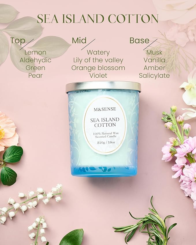 M&SENSE Sea & Cotton Scented Candle, Cracking Wooden Wick Soy Wax, 18oz 100 Hours Long Lasting Clean Burn, Large Summer Candles for Home Decor, Non-Toxic Relaxing Aromatherapy Gifts for Women