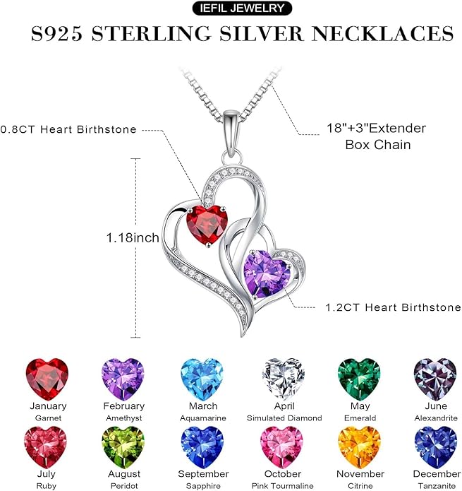 Iefil Christmas Gifts for Women - Double Heart Birthstone Necklace, 925 Sterling Silver Heart Pendant Necklace, Anniversary Birthday Gifts for Women | Personalized Jewelry Gift for Wife Mom Girlfriend