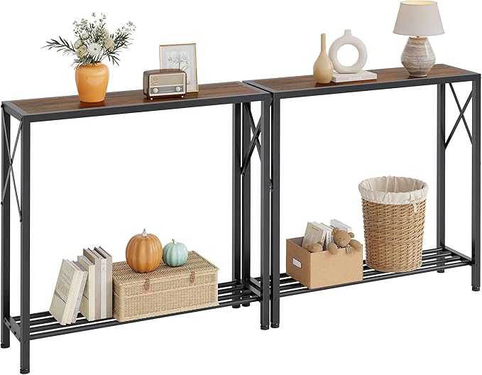 Tajsoon 2 Pack Console Table, 2 Tier Small Hallway Table, Narrow Sofa Table for Entryway with Open Shelves for Living Room, Hallway, Foyer, Office, Rustic Brown