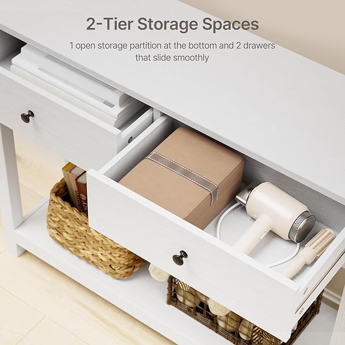 Gizoon Console Table with Drawers, Sofa Table with Storage Shelves, 2-Tier Wooden Entryway Table for Living Room, Kitchen, Hallway, Foyer, White